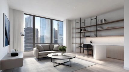 Modern living room with city view, featuring minimalist design.