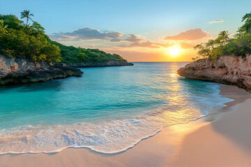 Obraz premium Sunset over tropical beach cove with turquoise water, white sand, and lush greenery.