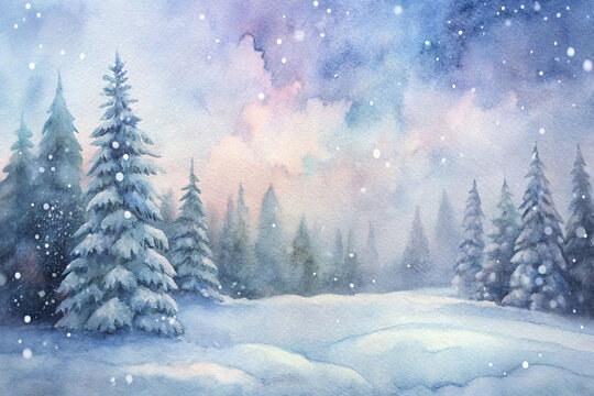 Watercolor painting of a snowy winter forest scene at dusk.