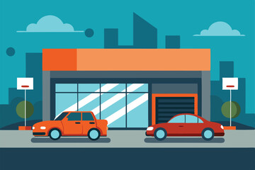 Fototapeta premium Two cars are parked in front of a contemporary auto shop with large windows, under a clear blue sky, A minimalist approach to capturing the essence of a car showroom