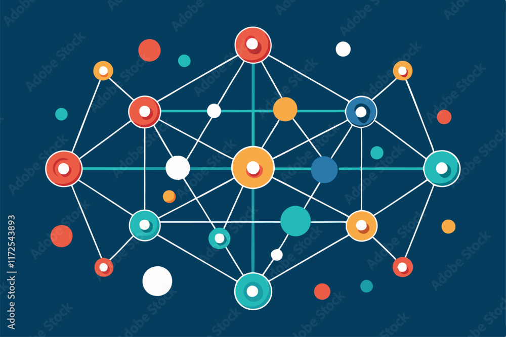 Poster a colorful and minimalist design illustrates various nodes interconnected, symbolizing knowledge sha