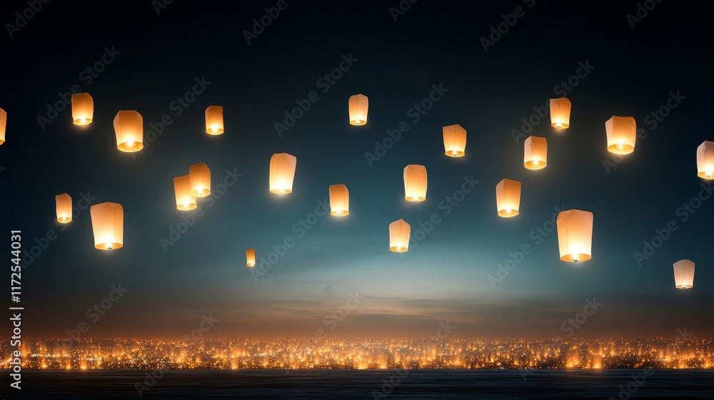 Poster a mesmerizing evening sky illuminated by floating lanterns against a backdrop of sparkling city ligh