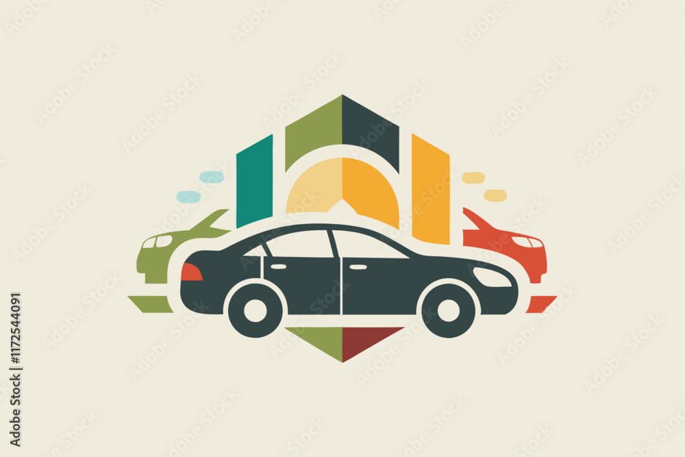 Poster the artwork showcases a minimalist approach with vibrant car elements and geometric shapes, creating