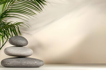 Obraz premium Serene Stacked Stones & Palm Leaf Illustration