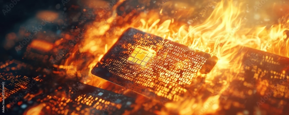 Poster burning binary identity cards symbolize dangers of data theft and cybercrime