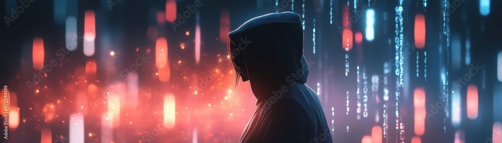 Poster hooded figure surrounded by floating codes in threatening digital landscape