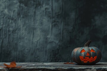 Dark and Smoky Minimalist Scene with Isolated Orange Pumpkin and Fallen Leaves