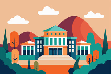 Minimalist illustration of a university building amid trees and mountains in daylight, A minimalist illustration of a campus building against a backdrop of abstract shapes