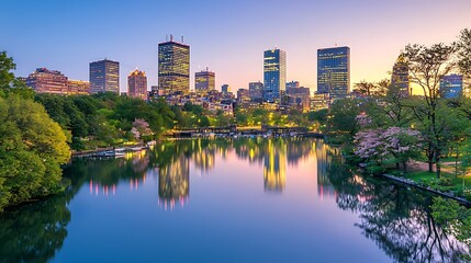 Naklejka premium Boston Skyline at Dawn: The Boston skyline reflects beautifully in the calm waters of a lagoon, framed by lush green trees and the soft glow of dawn.