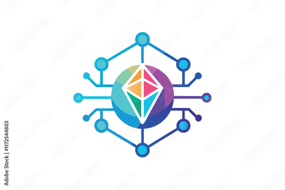 Poster abstract design showcases a colorful geometric shape connected to minimalist digital elements, a min