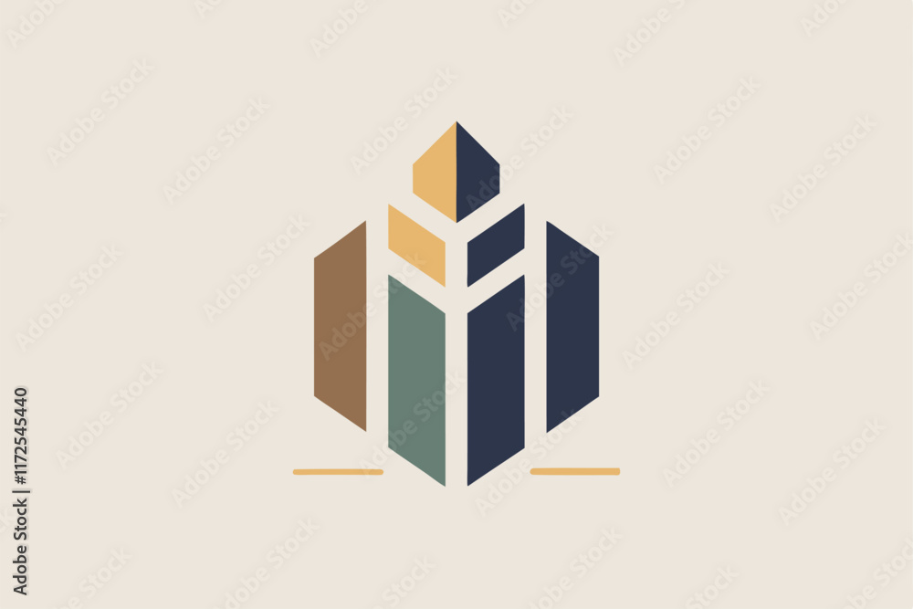 Poster this design features a minimalist logo composed of geometric shapes with a muted color scheme, a sop