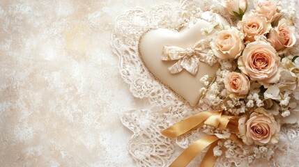 Fototapeta premium A decorative heart with roses and lace, symbolizing love and celebration.