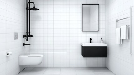 Modern minimalist bathroom with white tiles and black accents.