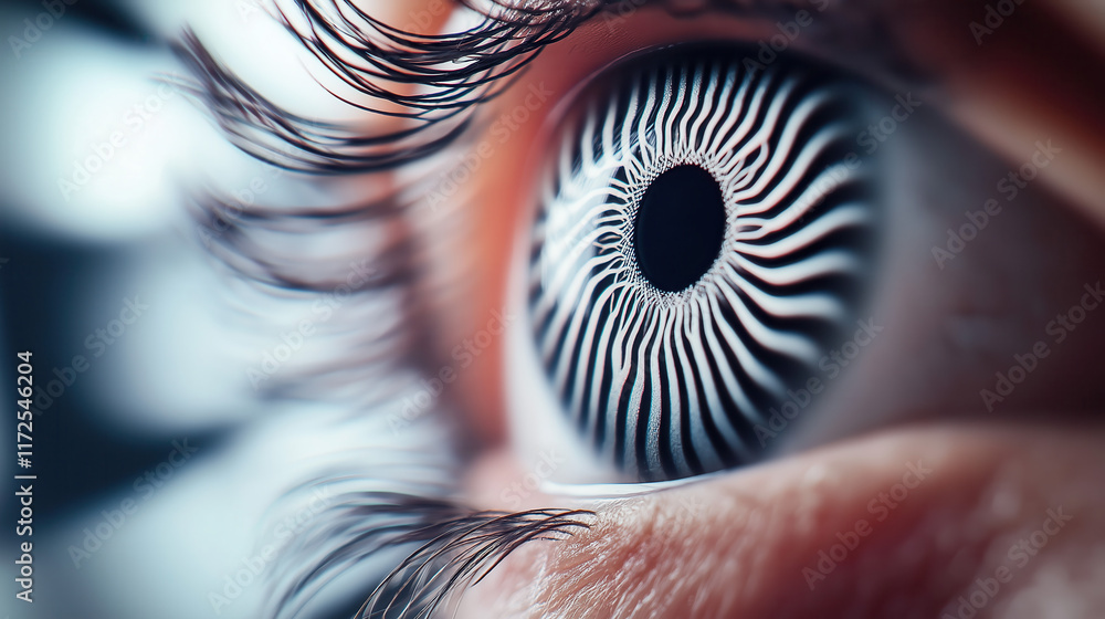 Poster a close-up of an eye featuring intricate, swirling patterns in the iris, showcasing a captivating an