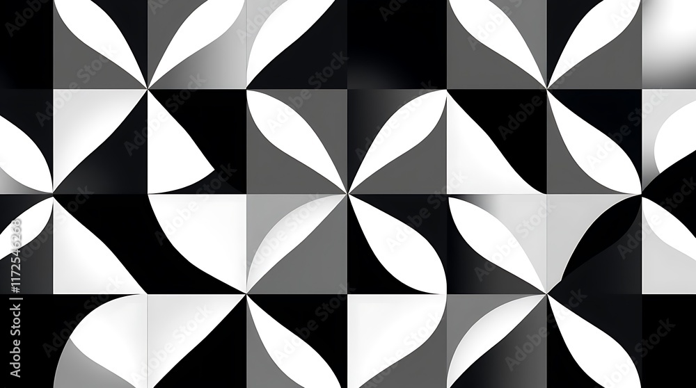Poster monochromatic floral pattern: abstract geometric design with grayscale flower-like shapes creating a