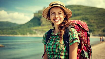 Smiling woman with backpack enjoys scenic coastal landscape during summer adventure in nature - Powered by Adobe