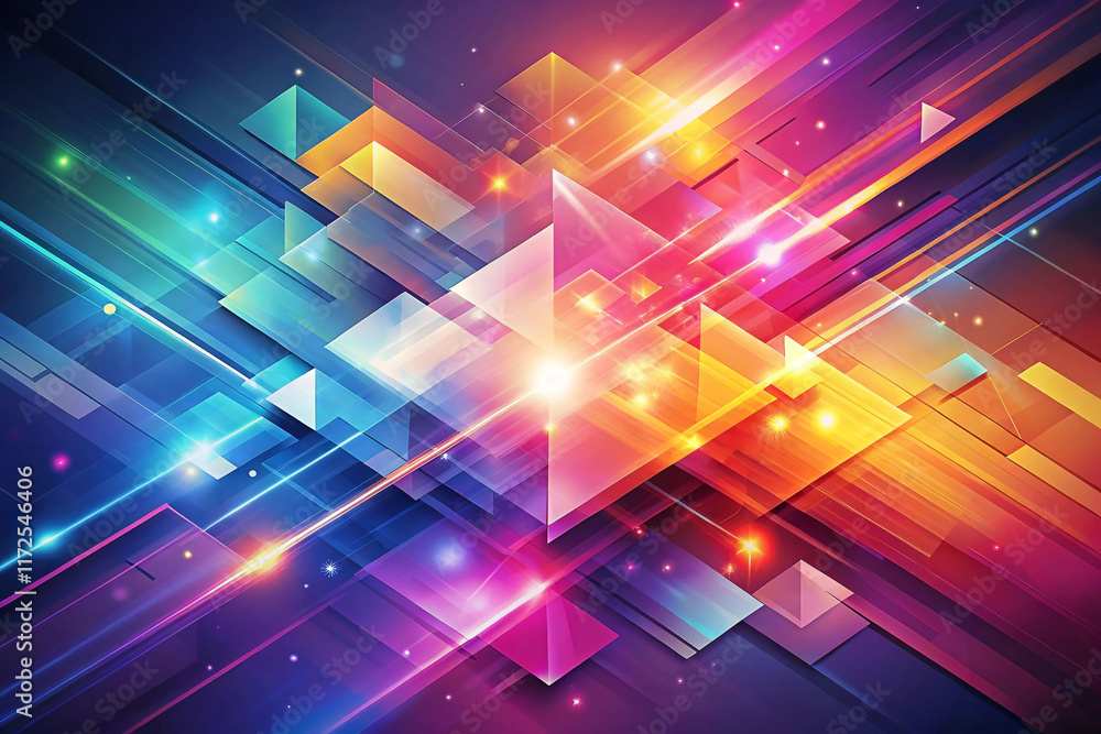 Poster abstract vibrant geometric background with glowing triangles and lines.