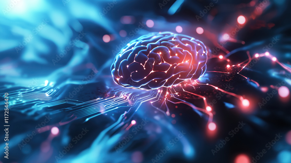 Poster a vibrant, digital representation of a brain interconnected with glowing lines, symbolizing neural n