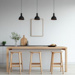 Modern kitchen interior with minimalistic design and stylish bar stools.