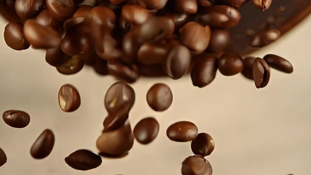 Roasted coffee fall gracefully slow motion their natural texture aroma captured stunning beans in 4K ultra slow motion video