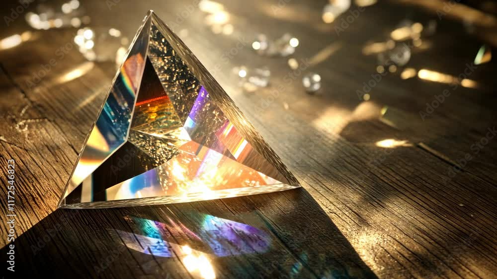 Poster light refracting through a crystal prism on a wooden surface creating colorful reflections