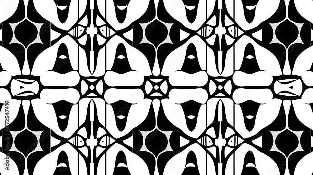 Poster geometric black and white pattern: abstract monochrome textile design with repeating shapes and symm