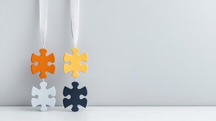 Brightly Colored Puzzle Piece Medals Hanging on White Background, Symbolizing Achievement, Success, and Teamwork, Perfect for Competitions and Events Depicting Collaboration