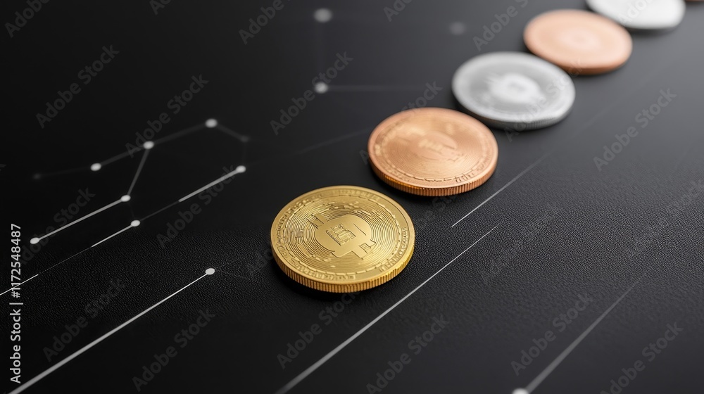 Poster golden bitcoin coin among silver, bronze, and copper coins on dark background with abstract data vis