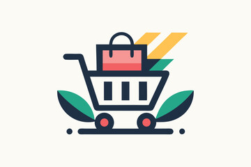 The design presents a minimalist shopping cart logo adorned with colorful elements symbolizing eco-friendliness, A minimalist logo that captures the essence of e-commerce