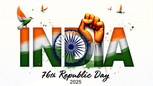 India 76th Republic Day 2025 - Tricolor Theme with Fist and Birds