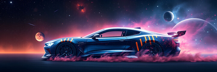 Obraz premium A car is driving through space with a bright blue car