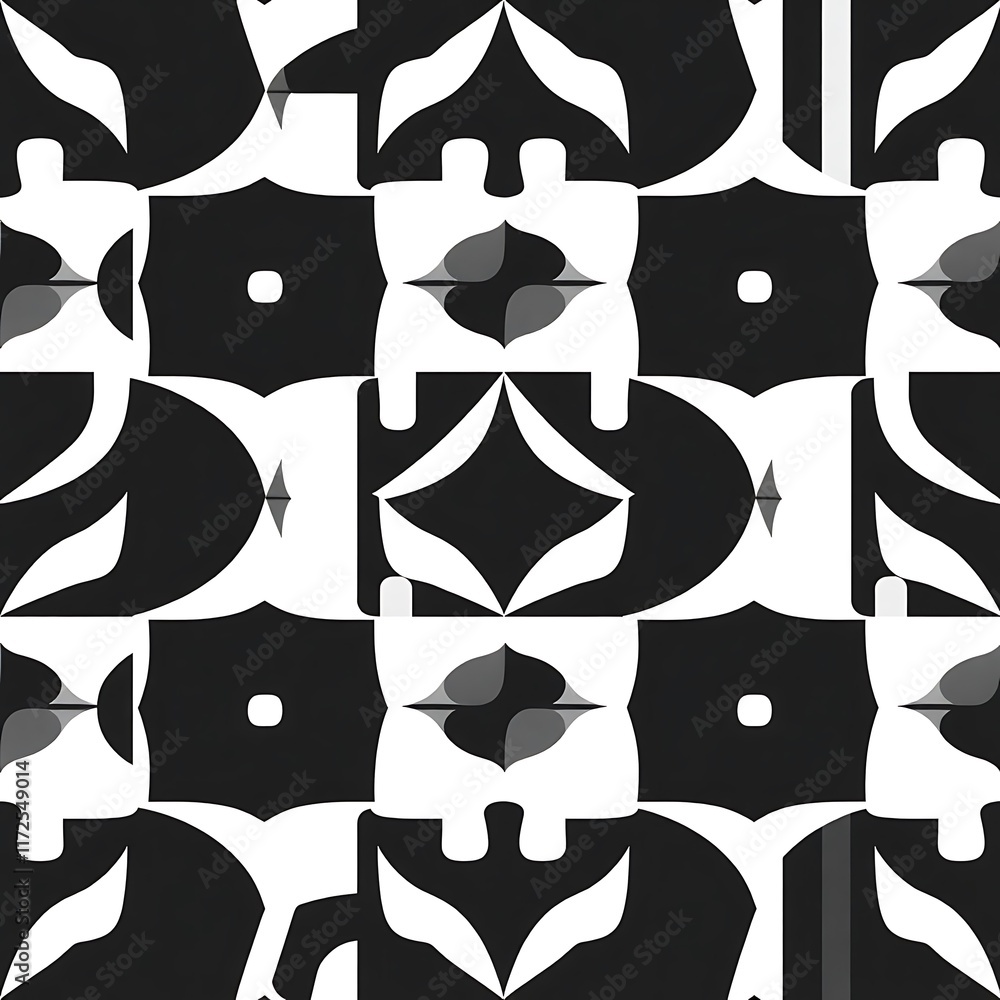Poster monochromatic geometric tile pattern: abstract seamless pattern in black and white with repeating ge