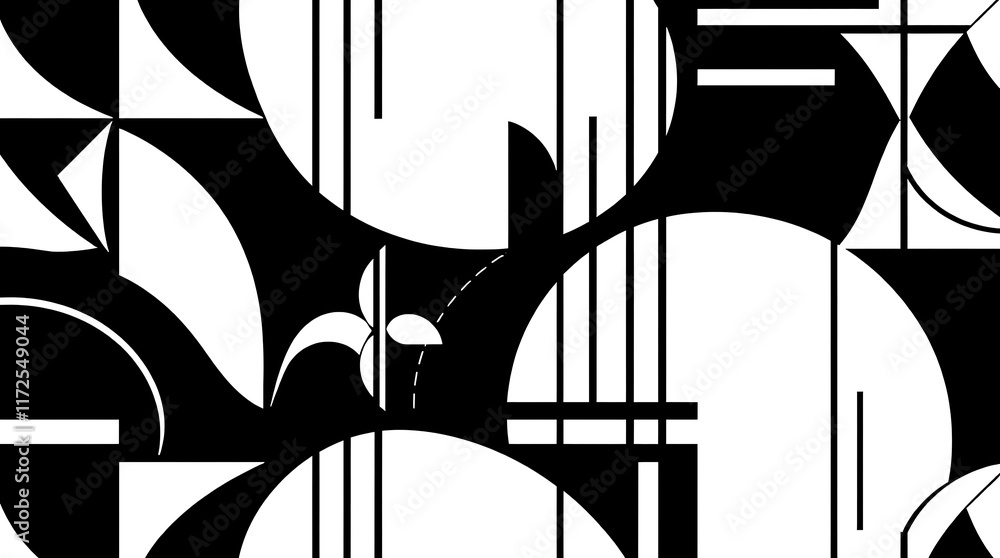 Poster monochromatic geometric abstract art: bold black and white graphic design with overlapping circles, 