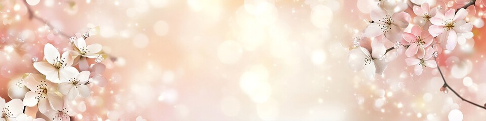 Romantic wedding banner with delicate cherry blossoms and soft bokeh lights