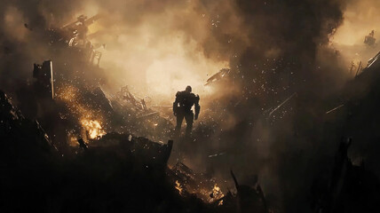 Obraz premium A mech pilot emerges from their towering machine on a chaotic battlefield, surrounded by smoke and glowing remnants of destroyed robots. The scene captures the intensity and aftermath of combat.