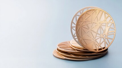 Elegant geometric coasters stacked on a soft blue surface, showcasing intricate cut-out patterns and subtle color variations for stylish home d&eacute;cor and dining settings.