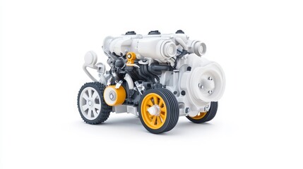 Fototapeta premium Detailed Model Engine Representation Featuring Bright Yellow Accents and Realistic Components on a Pure White Background for Automotive Use and Design.