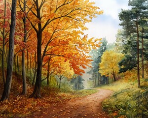 Fototapeta premium A photostock of an enchanting forest path covered in golden autumn leaves