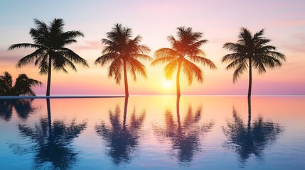 Obraz premium Tropical Paradise Palm Trees Silhouetted Against a Sunset Reflected in Infinity Pool