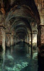 Naklejka premium engineering marvel of controlling water s power, ancient aqueduct, human harnessing water
