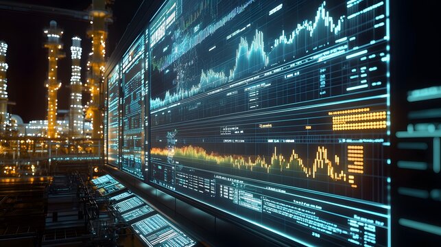 A digital trading screen showing fluctuating energy stock prices, with natural gas rigs and energy grids in the background, fast paced, modern