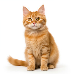 Adorable fluffy orange tabby kitten sitting with a curious expression on a white background