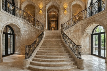 Obraz premium Grand foyer staircase in mansion with arched doorways and balconies