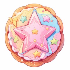 Fototapeta premium A colorful, star-shaped cookie topped with icing and sprinkles, featuring pastel shades and playful designs.