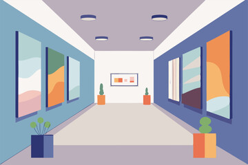Bright and calming gallery space features colorful artwork on display, inviting peaceful contemplation, A serene and minimalist art gallery with clean lines and soft lighting