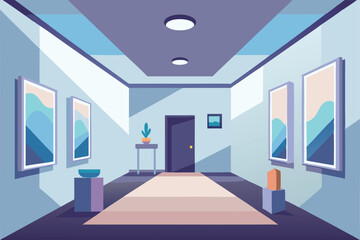 This art gallery features serene blue-toned landscapes displayed in a bright, minimalist setting, A serene and minimalist art gallery with clean lines and soft lighting