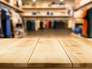 Light Wood Tabletop Blurred Clothing Store Background
