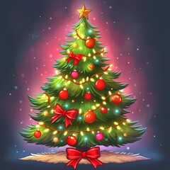 Obraz premium A vibrant, decorated Christmas tree adorned with colorful lights, ornaments, and bows, set against a festive background.