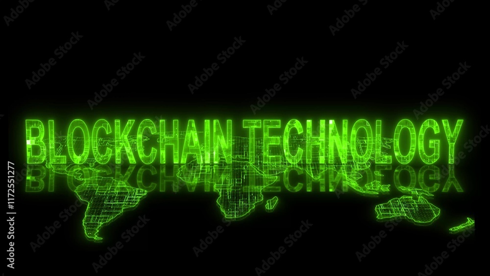 Poster 3d blockchain technology text technology earth map glowing green