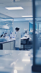 A modern medical research facility buzzes with activity as scientists conduct genetic studies. Advanced microscopes analyze DNA strands, and lab equipment aids in researching disease cures and treatme